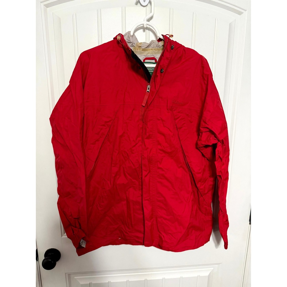 L.L. Bean Jacket Mens Large Red Rain Jacket‎ Hooded Nylon Full Zip EUC